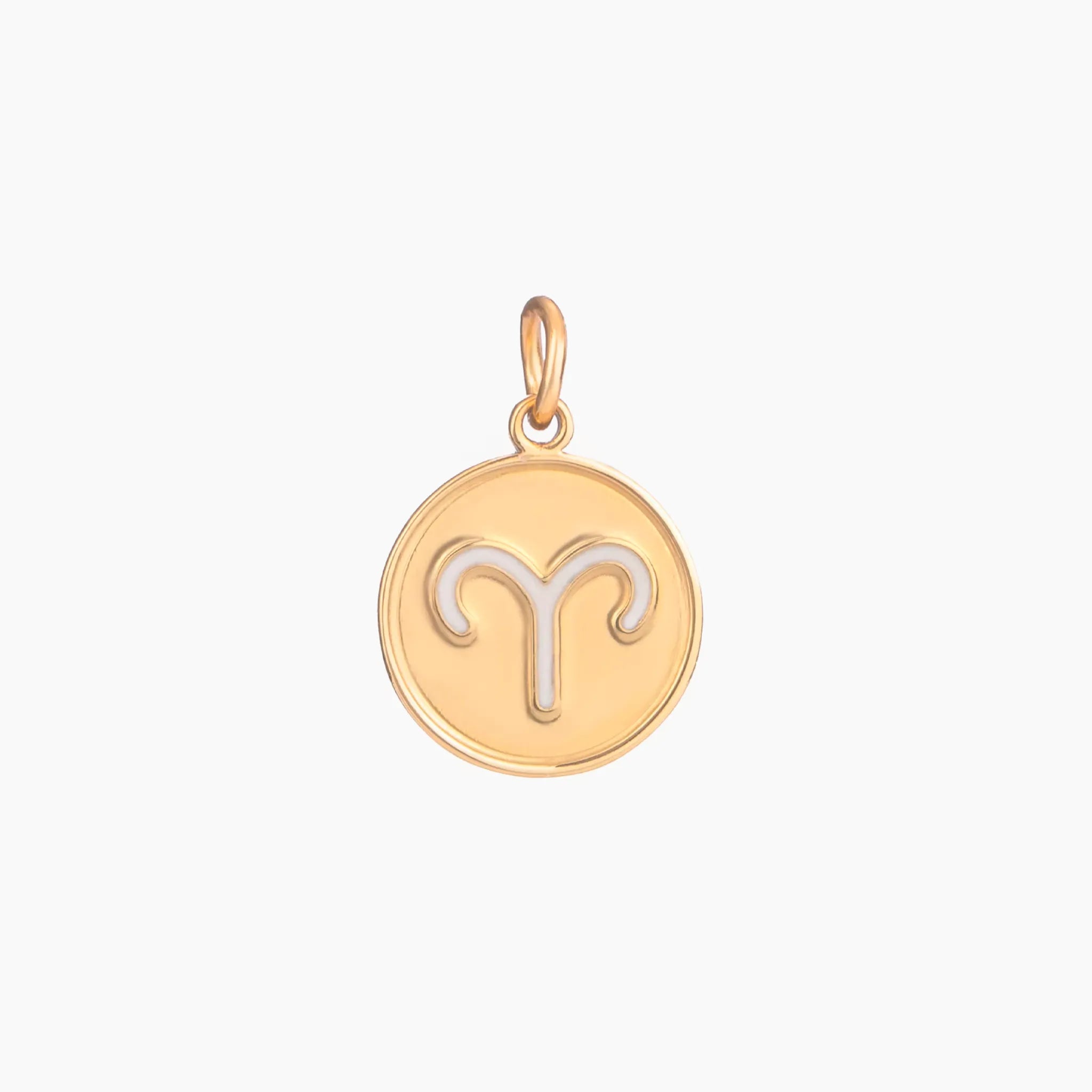 Golden pendant with aries zodiac symbol on a white background