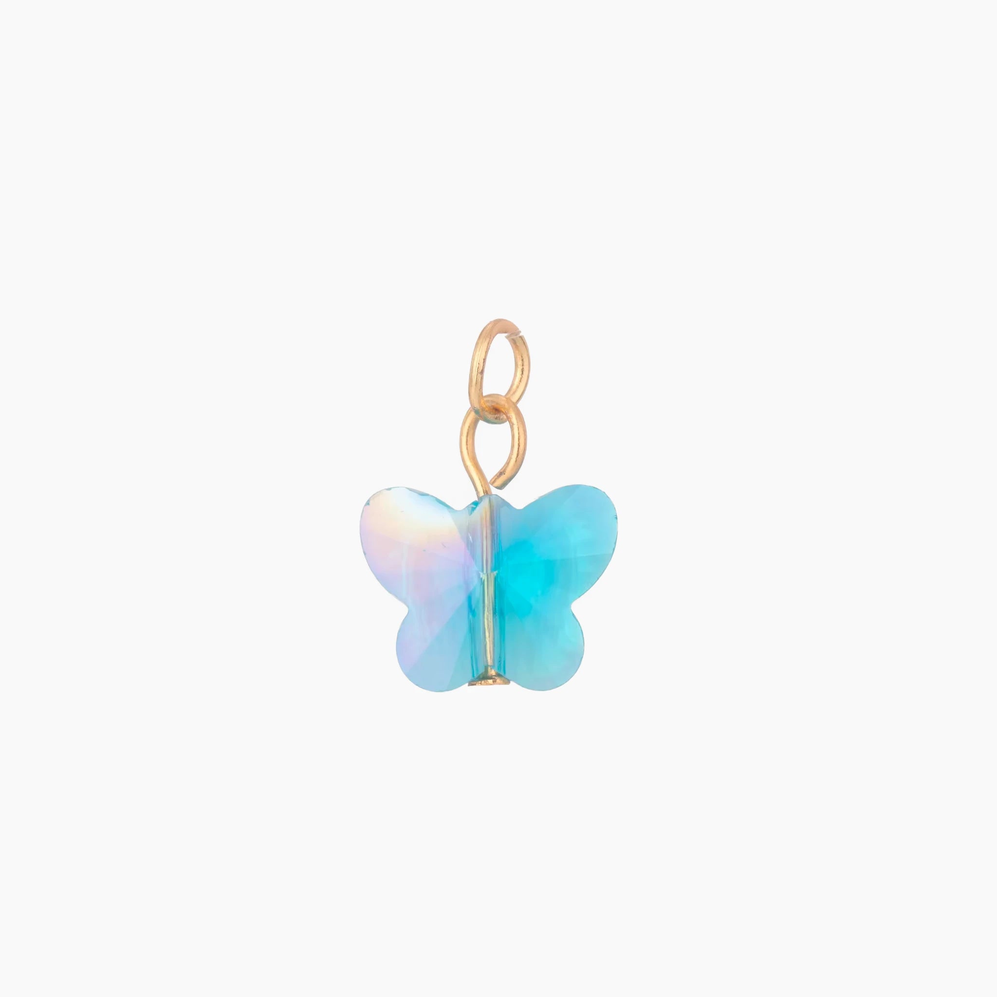 Blue butterfly-shaped pendant on a white background