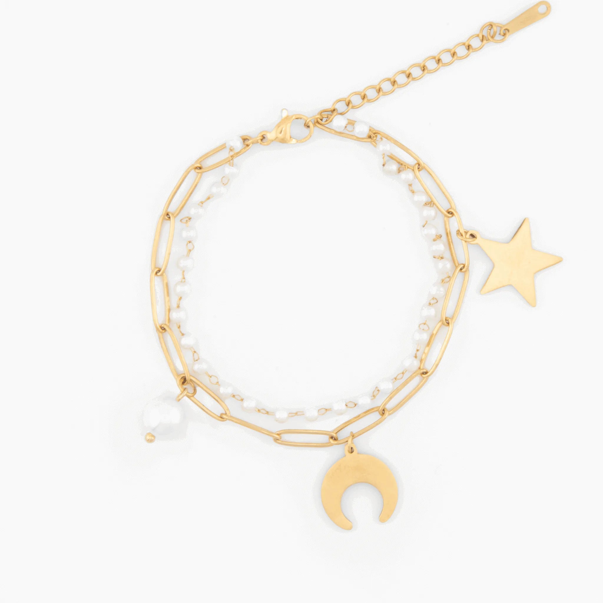 gold celestial charm bracelet with star, moon and pearl