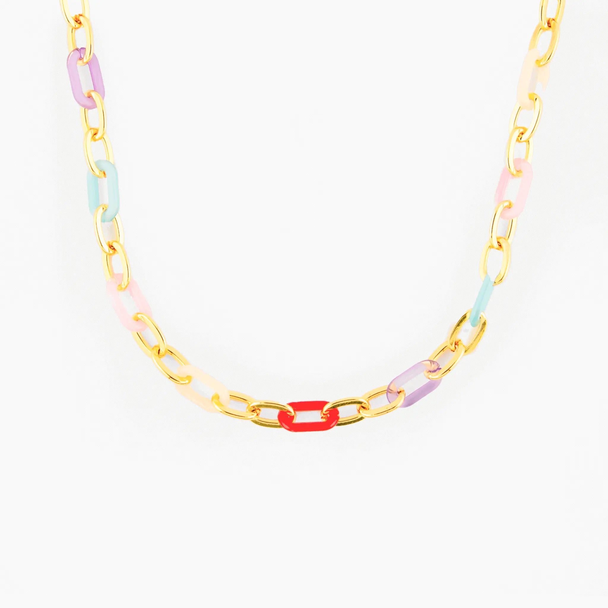 colorful chain necklace with acrylic pastel links and gold stainless steel