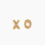 gold XO mismatched stud earrings with 3A cubic zirconia crystals