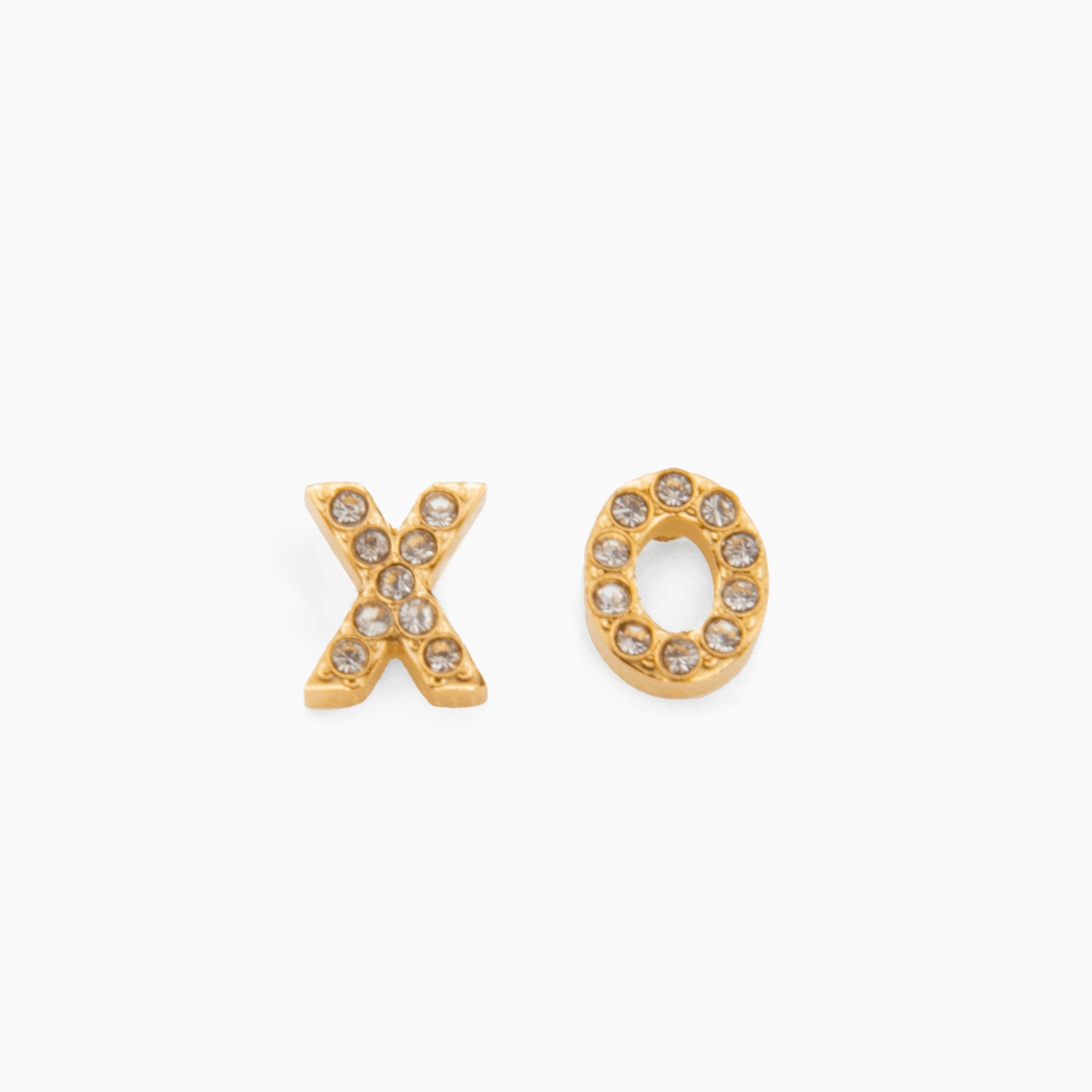 gold XO mismatched stud earrings with 3A cubic zirconia crystals