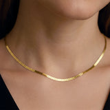 Flat chain choker worn by a person on a black background