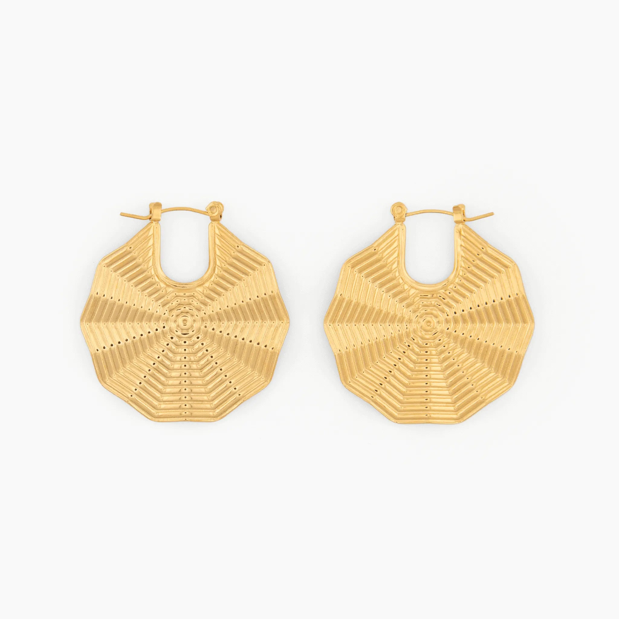 gold geometric fan-shaped earrings with textured detailing
