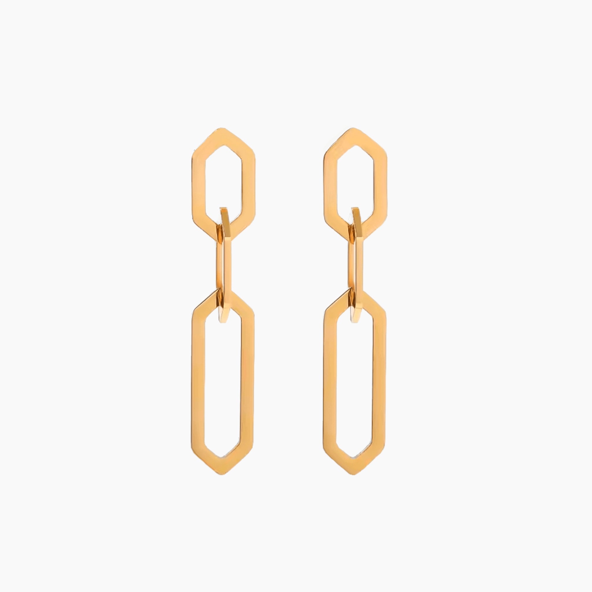gold drop earrings with geometric link design