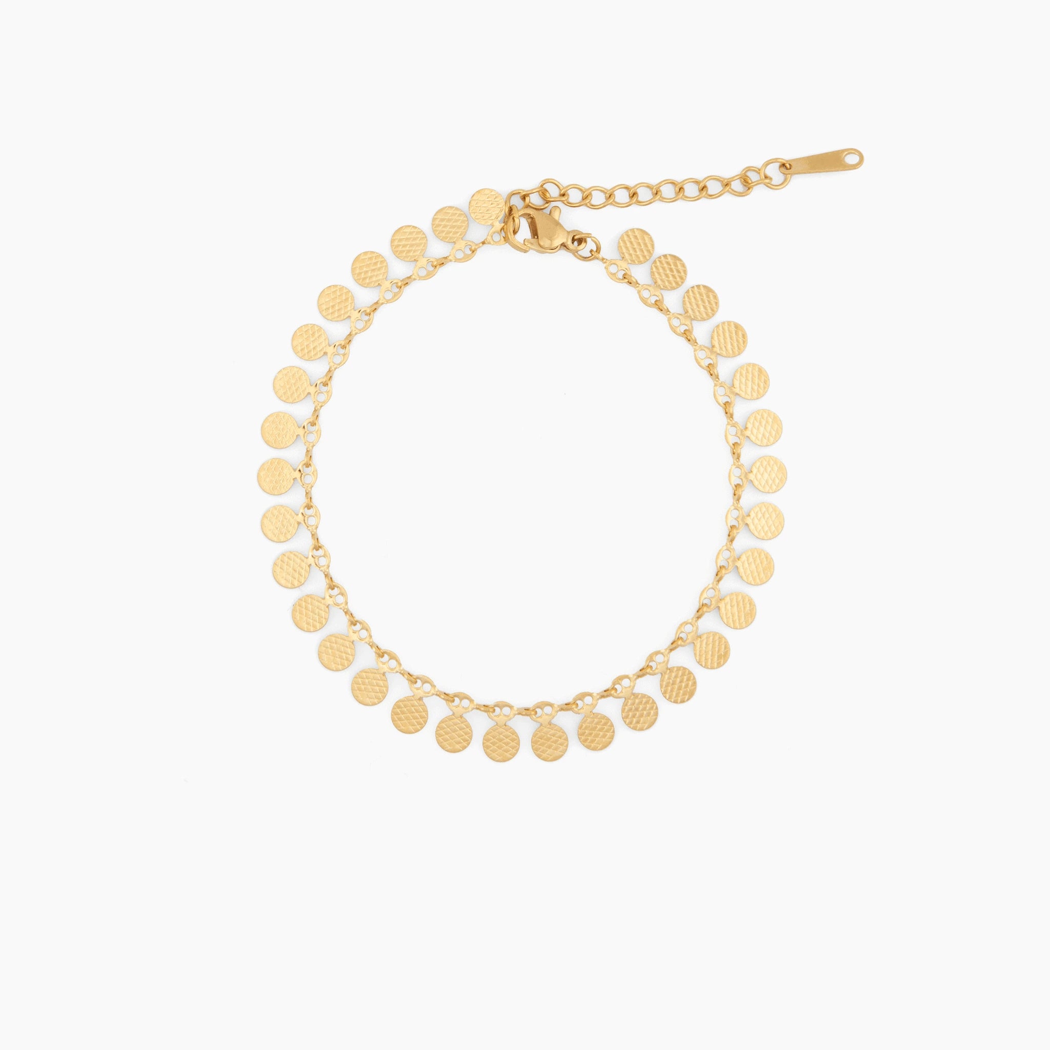 gold chain bracelet with round textured disc charms