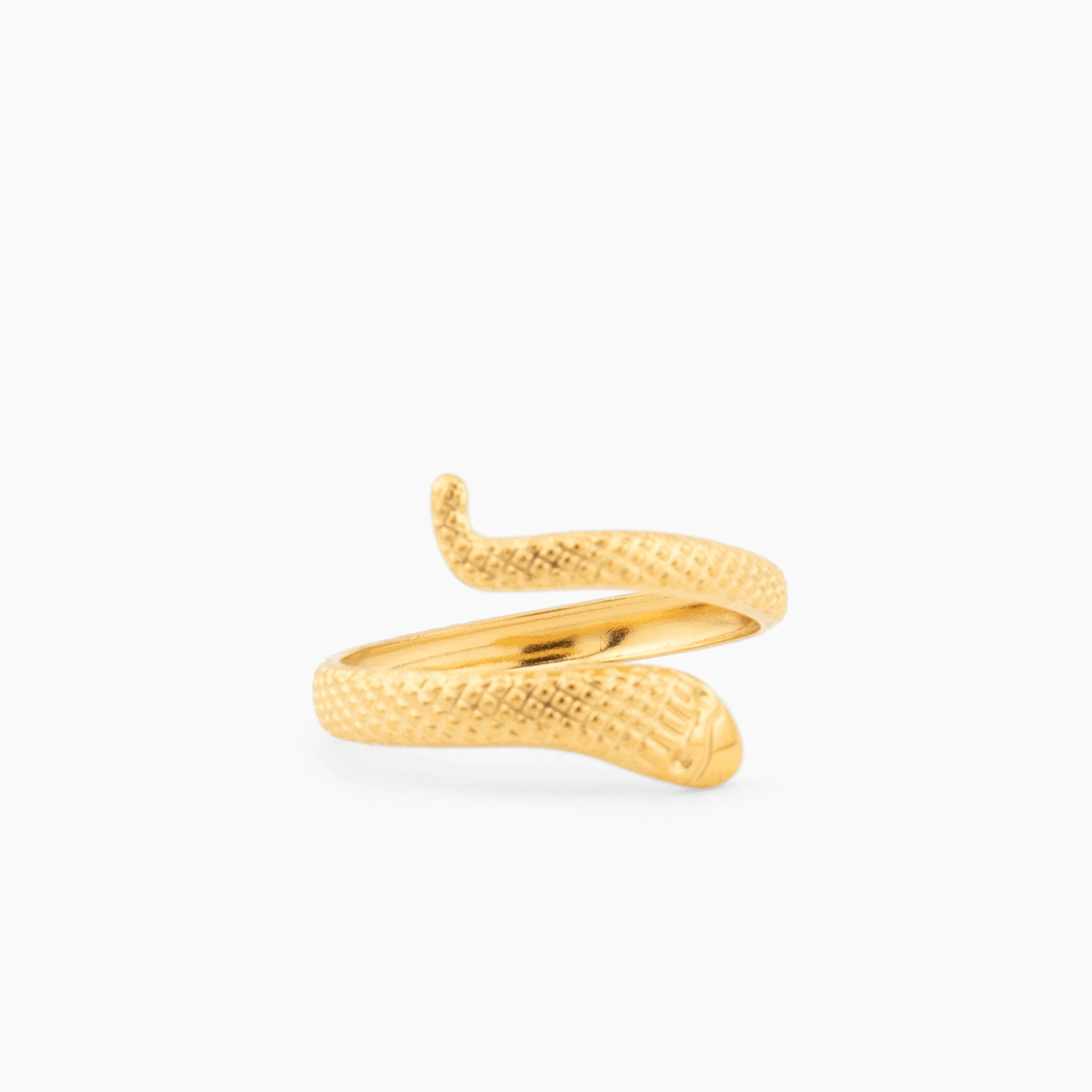 gold wrap-around snake ring with textured finish in stainless steel