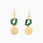 gold earrings with green beads and engraved compass charm with crystal center