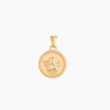 Gold pendant with an angel design on a white background
