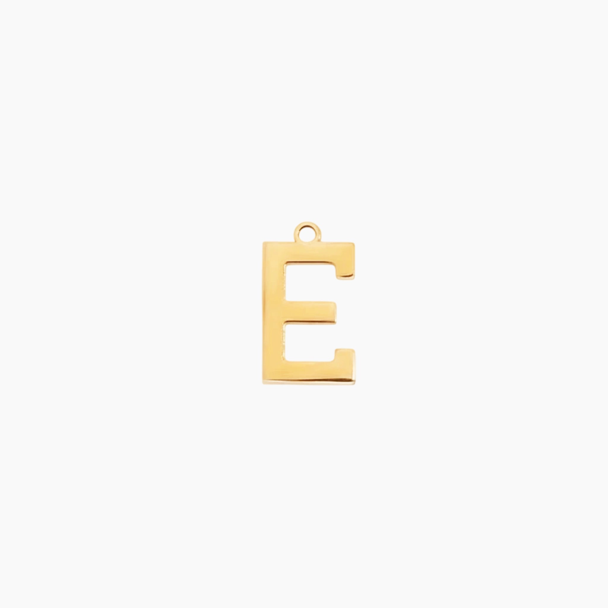 Gold letter E initial charm pendant for personalized jewelry, on a white background