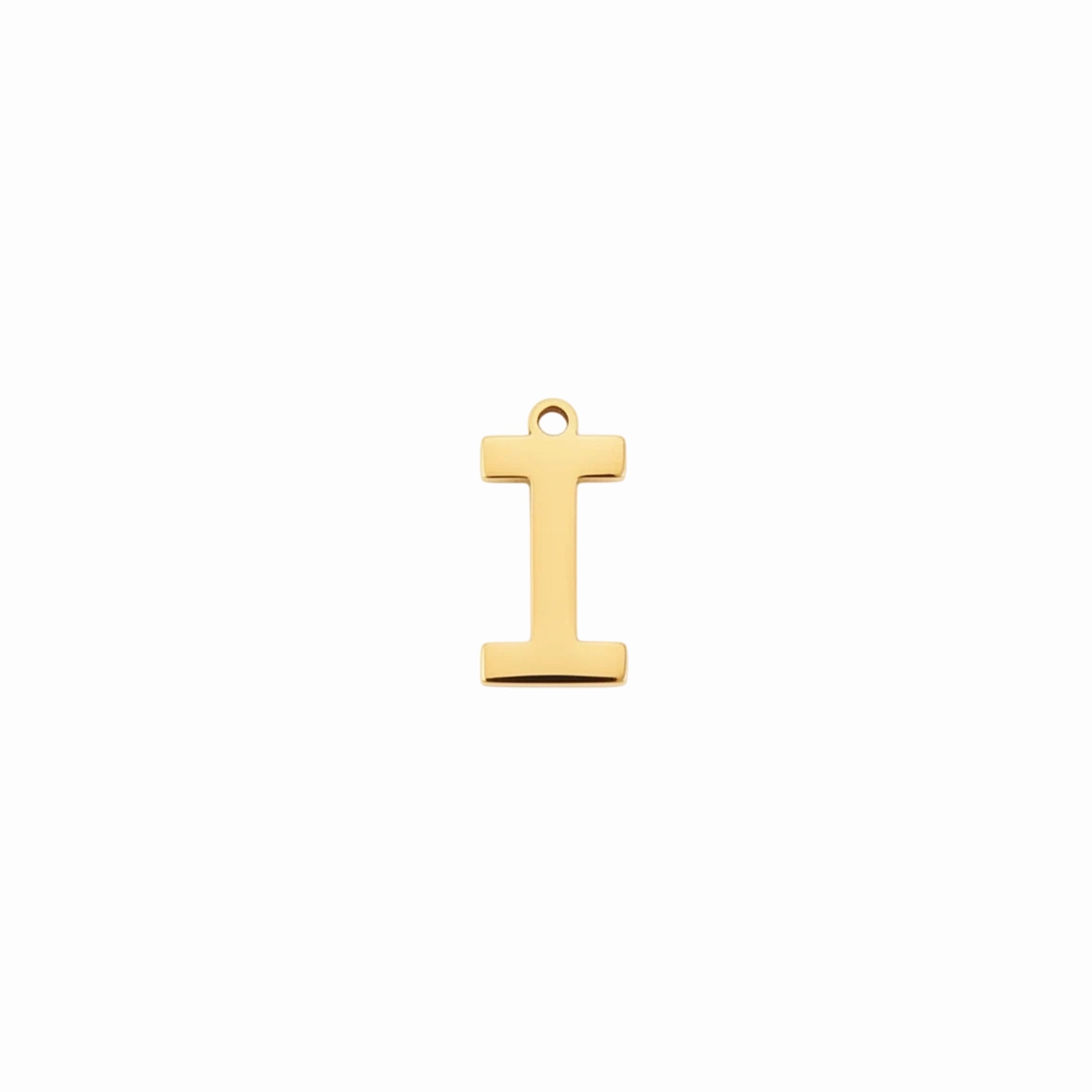 Gold letter I initial charm pendant for personalized jewelry, on a white background