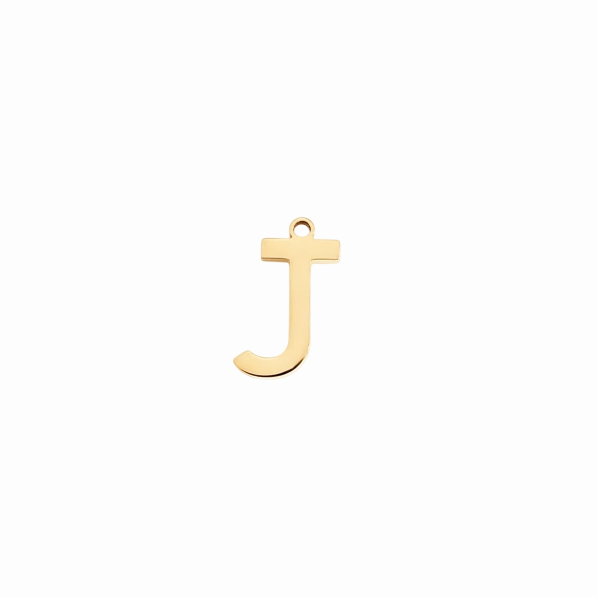 Gold letter J initial charm pendant for personalized jewelry, on a white background