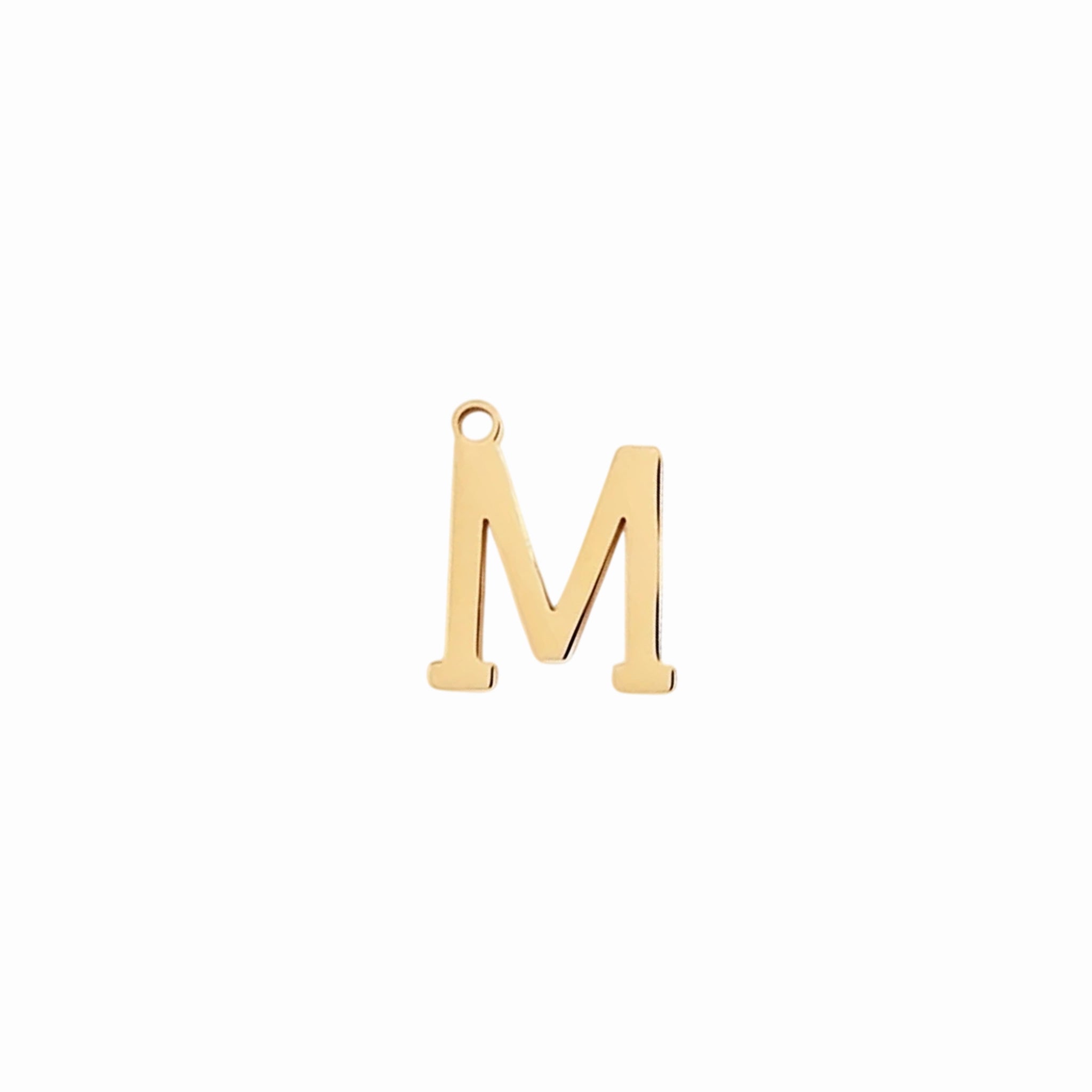 Gold letter M initial charm pendant for personalized jewelry, on a white background