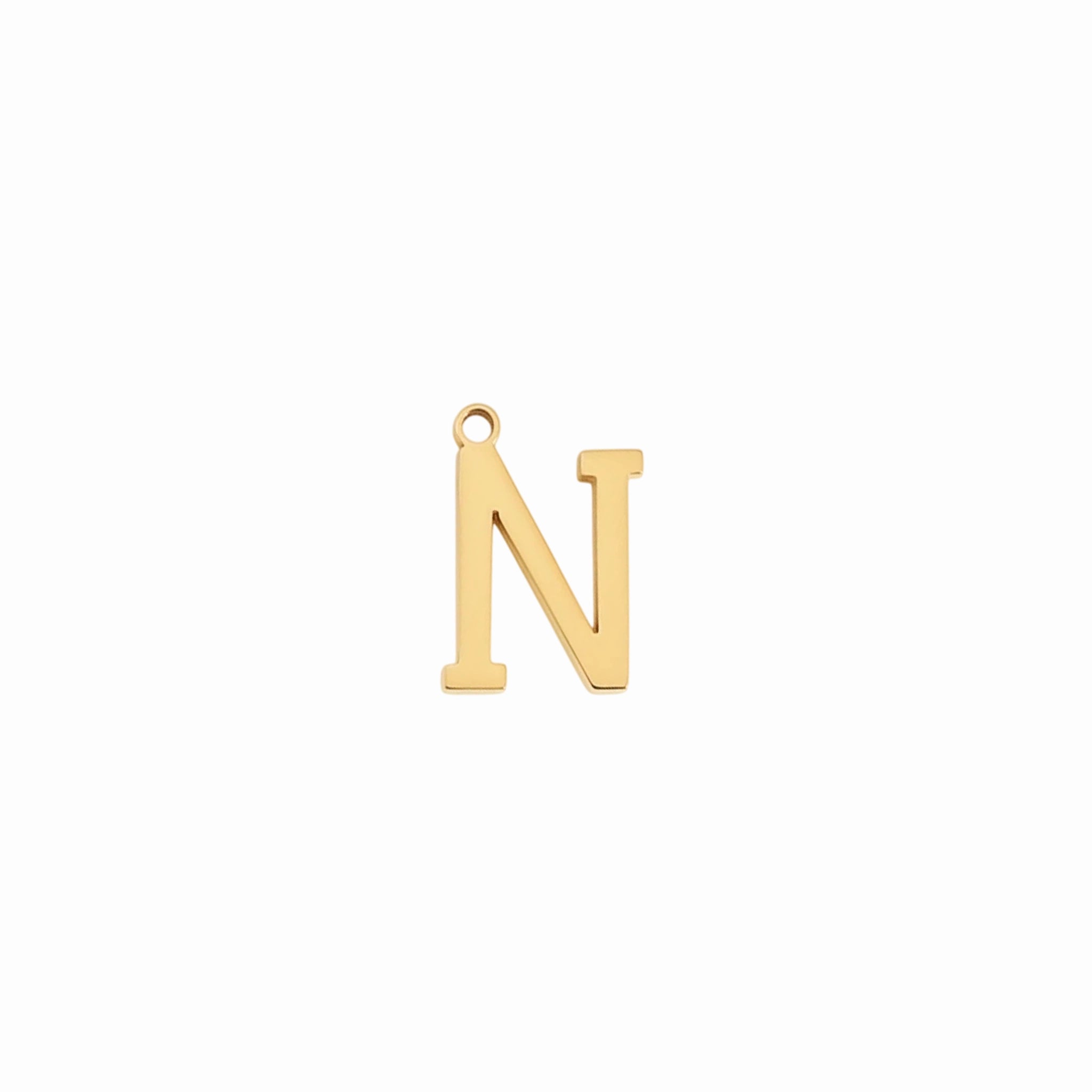 Gold letter N initial charm pendant for personalized jewelry, on a white background