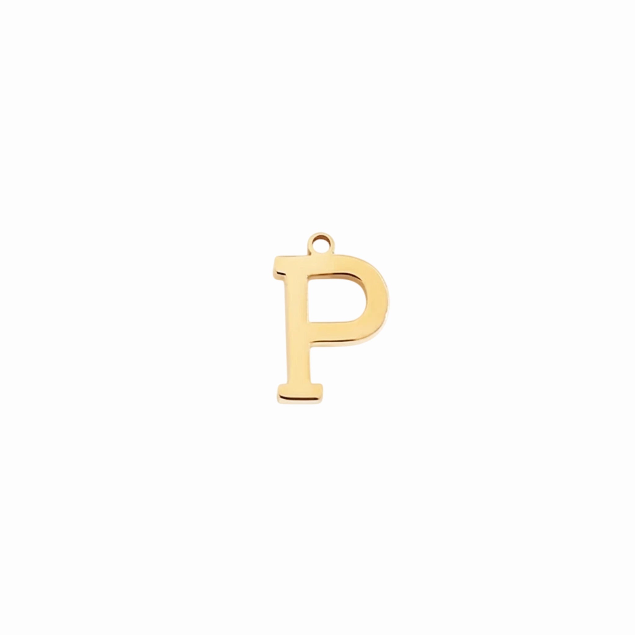 Gold letter P initial charm pendant for personalized jewelry, on a white background
