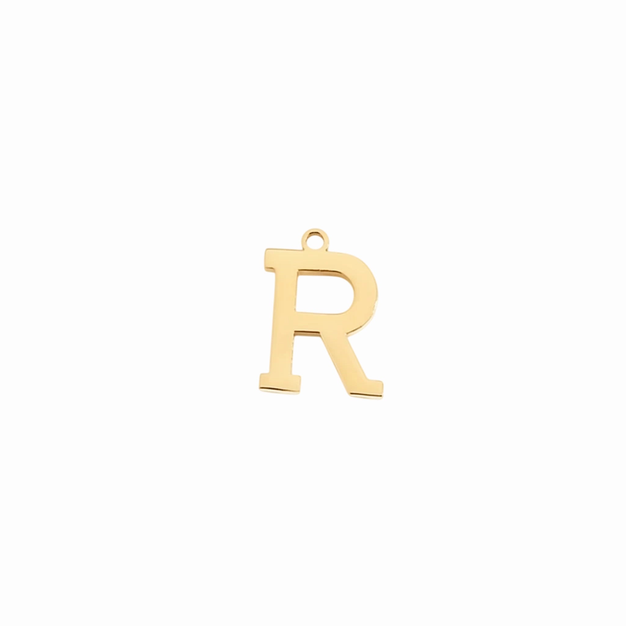 Gold letter R initial charm pendant for personalized jewelry, on a white background