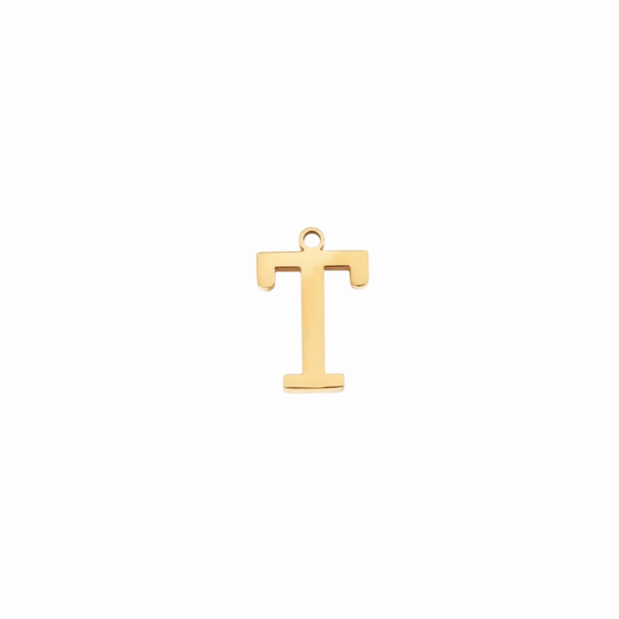 Gold letter T initial charm pendant for personalized jewelry, on a white background