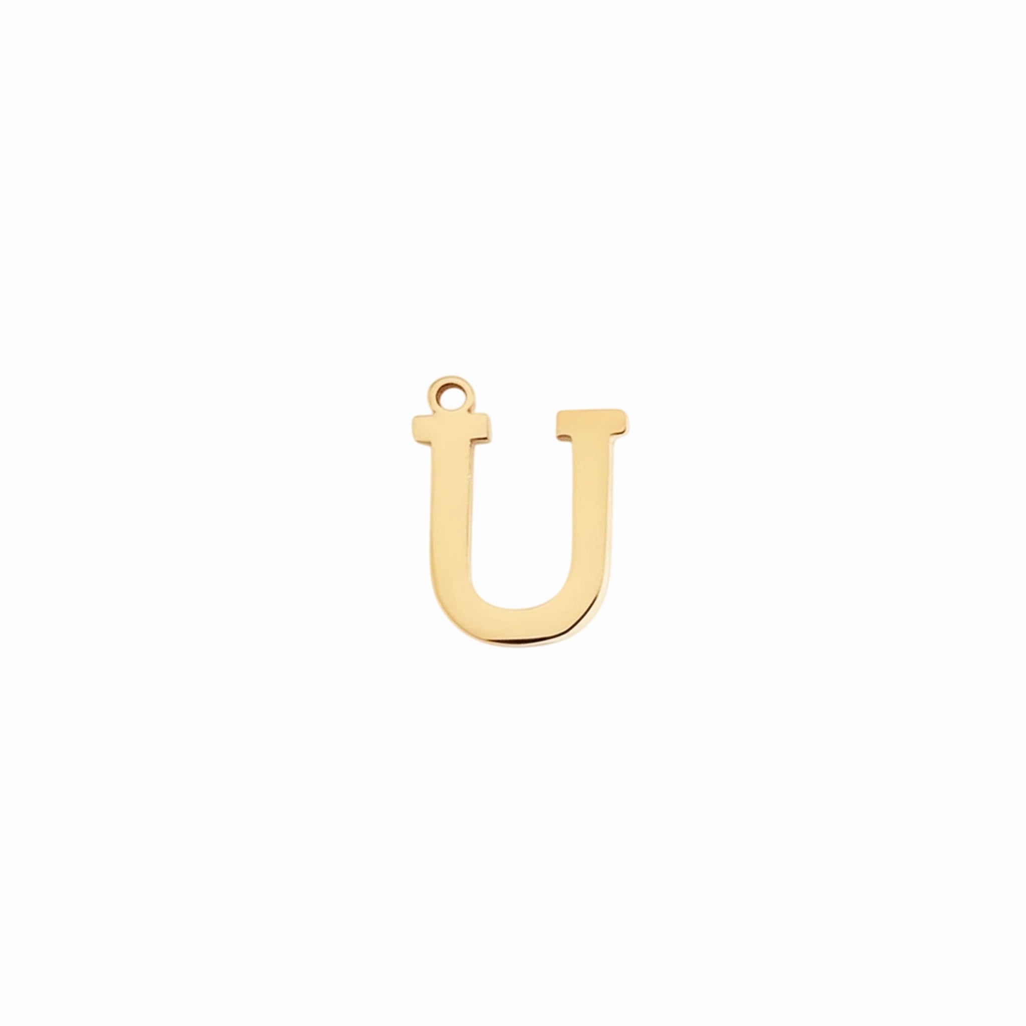 Gold letter U initial charm pendant for personalized jewelry, on a white background