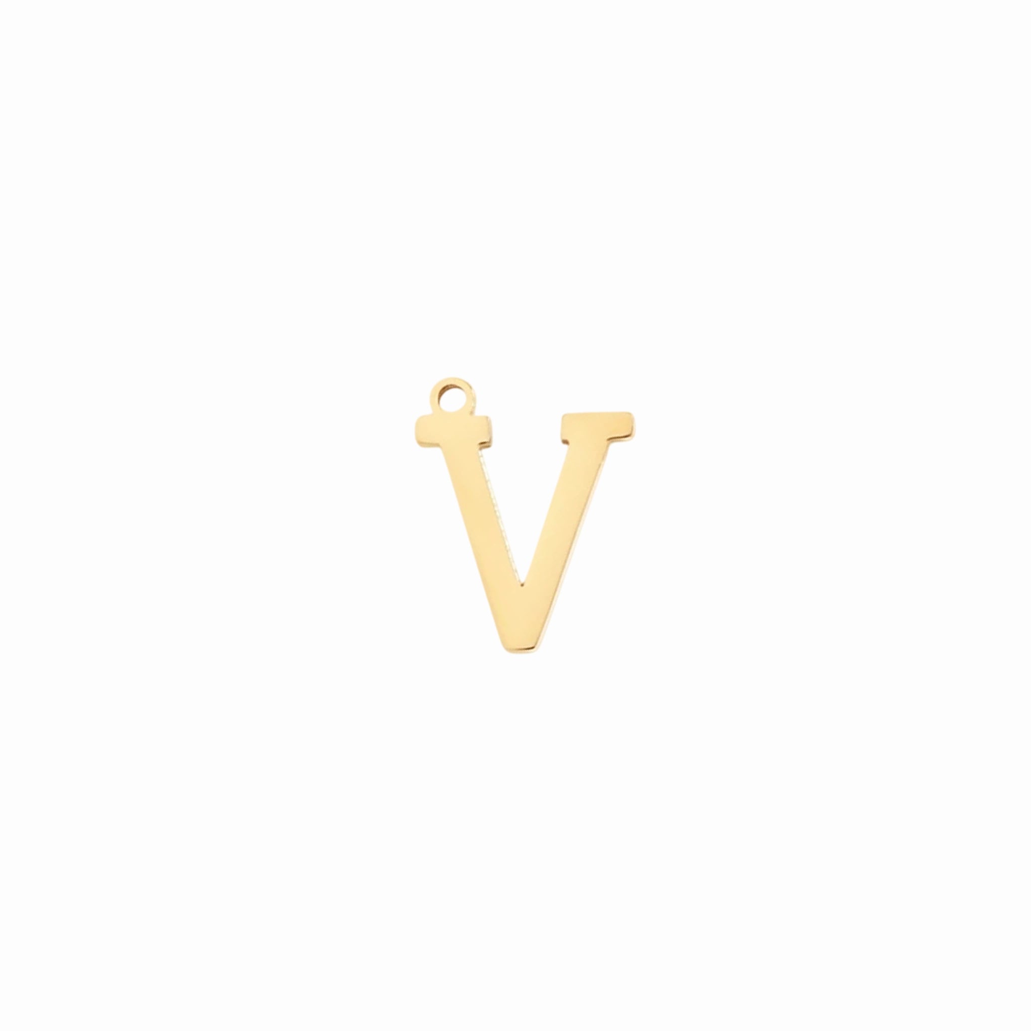 Gold letter V initial charm pendant for personalized jewelry, on a white background