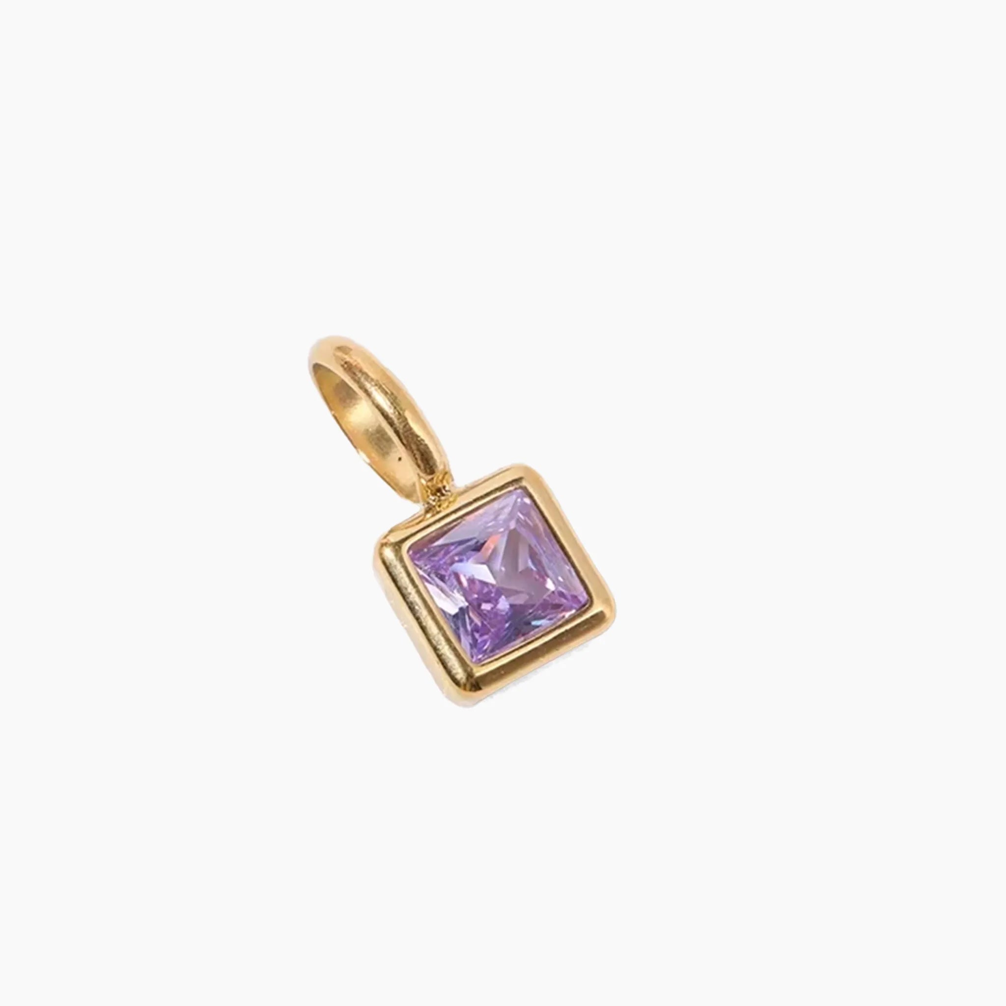 June birthstone charm, golden pendant with a purple gemstone on a white background