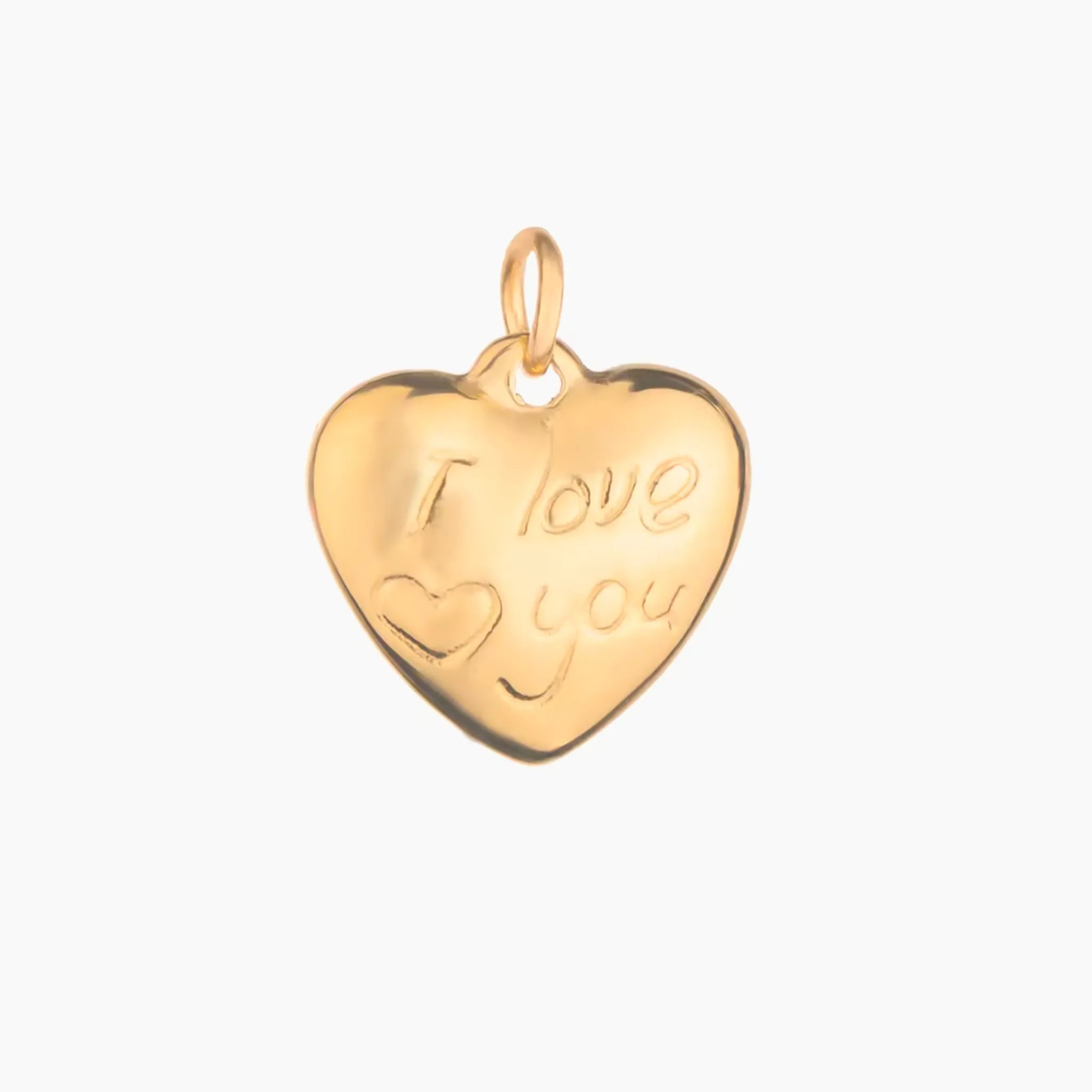 Gold heart-shaped pendant with I love you engraving on a white background
