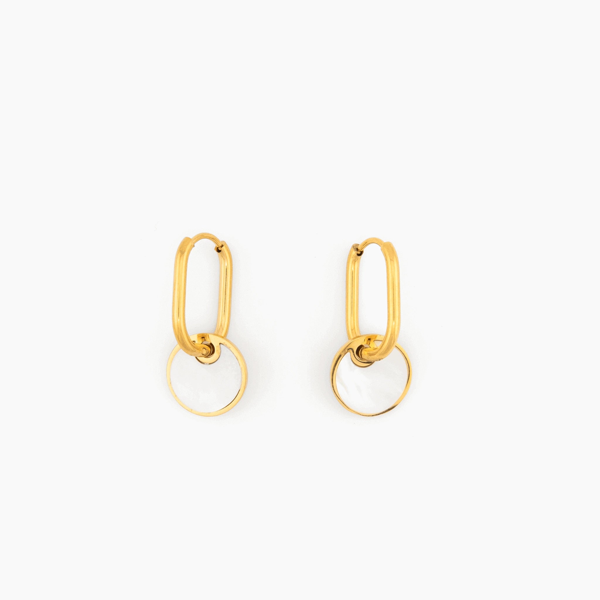 gold hoop earrings with natural white shell charm