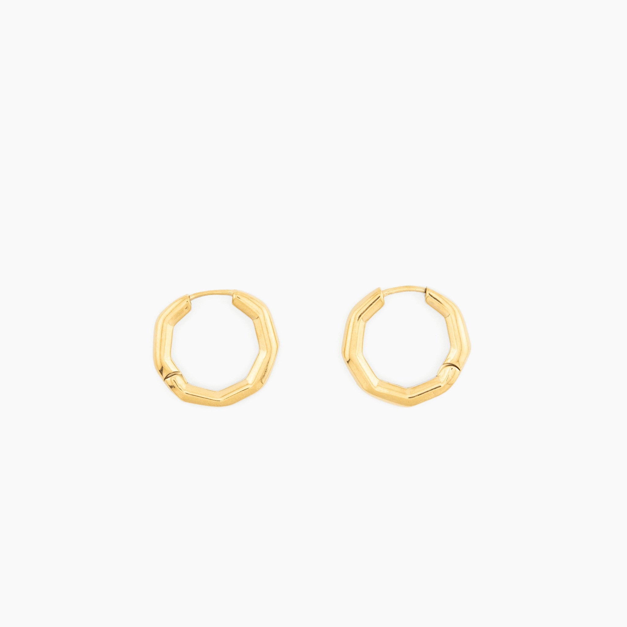 octagon shaped gold hoop earrings with polished finish