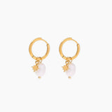 gold hoop earrings with star charm and natural pearl drop