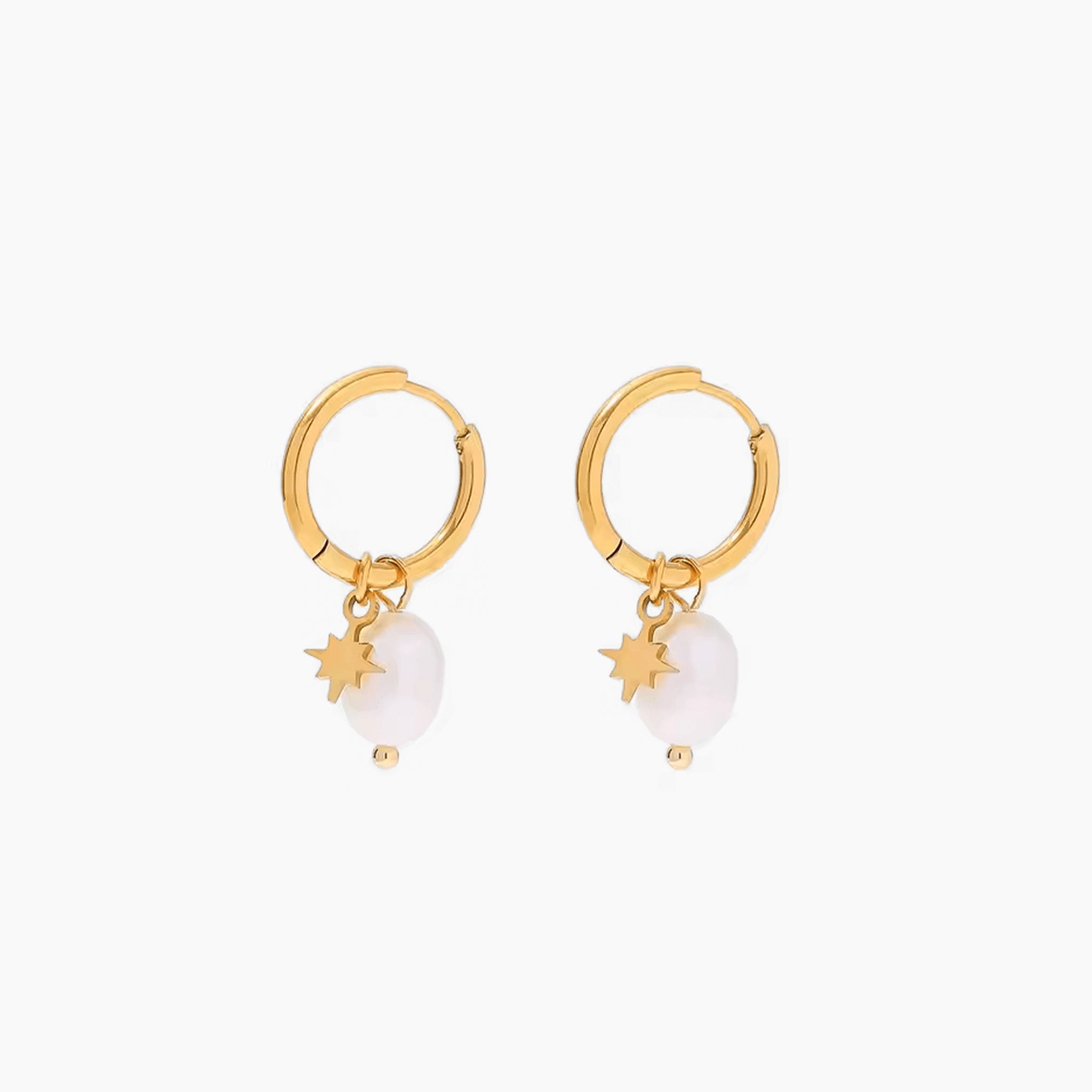 gold hoop earrings with star charm and natural pearl drop