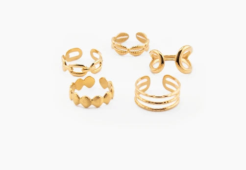 Set of gold open rings on a white background