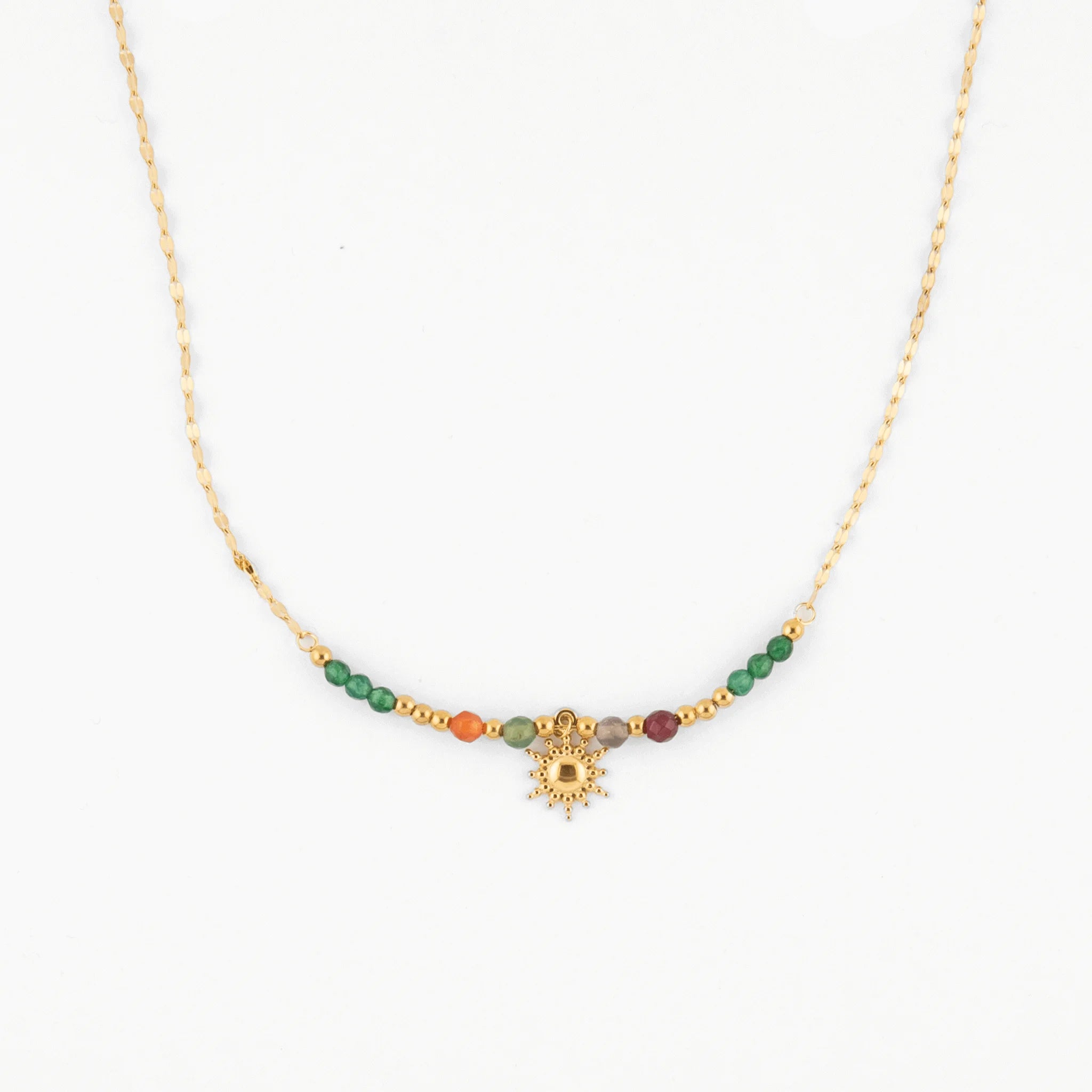 sun charm beaded necklace in stainless steel with colorful stones, joyful and water-resistant design