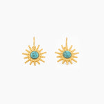 gold sunburst earrings with turquoise center