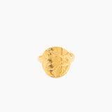 gold ring with textured round disc and minimalist design