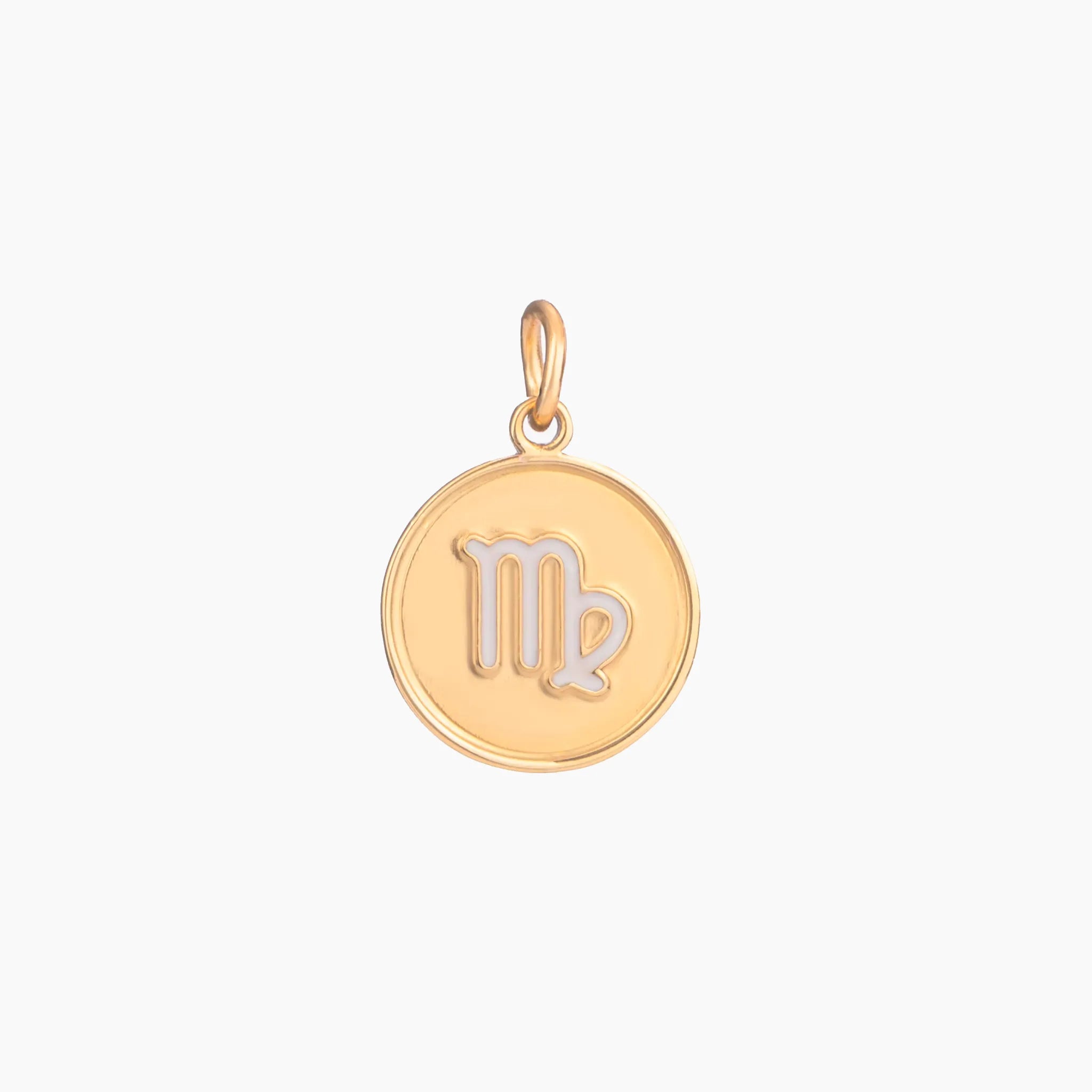 Golden pendant with virgo zodiac symbol on a white background